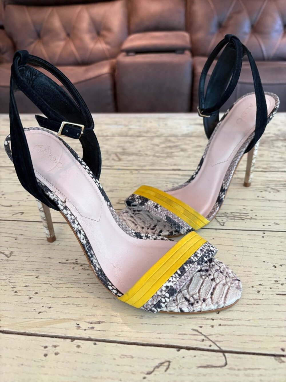 ALDO Women's Snake-Print Ankle Strap Sandals in Yellow and Black, 7